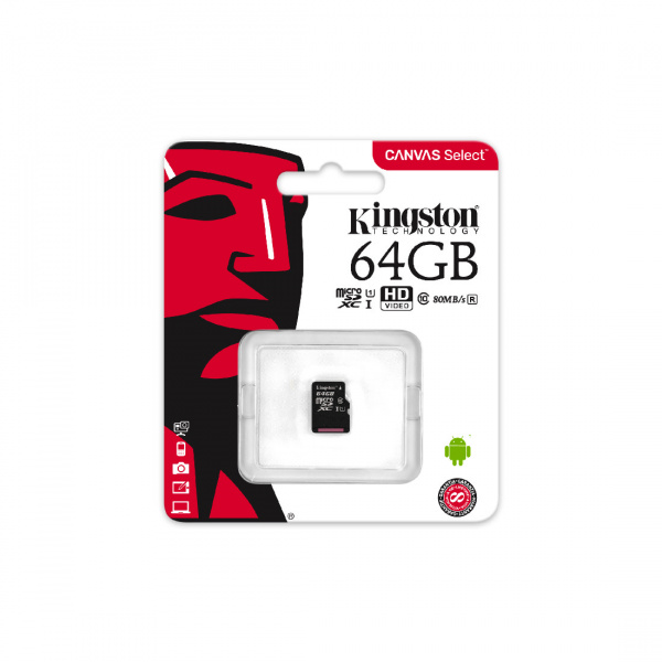 Карта памяти, Kingston, SDCS/64GBSP, MicroSDXC 64GB, Canvas Select, Class 10, без адаптера